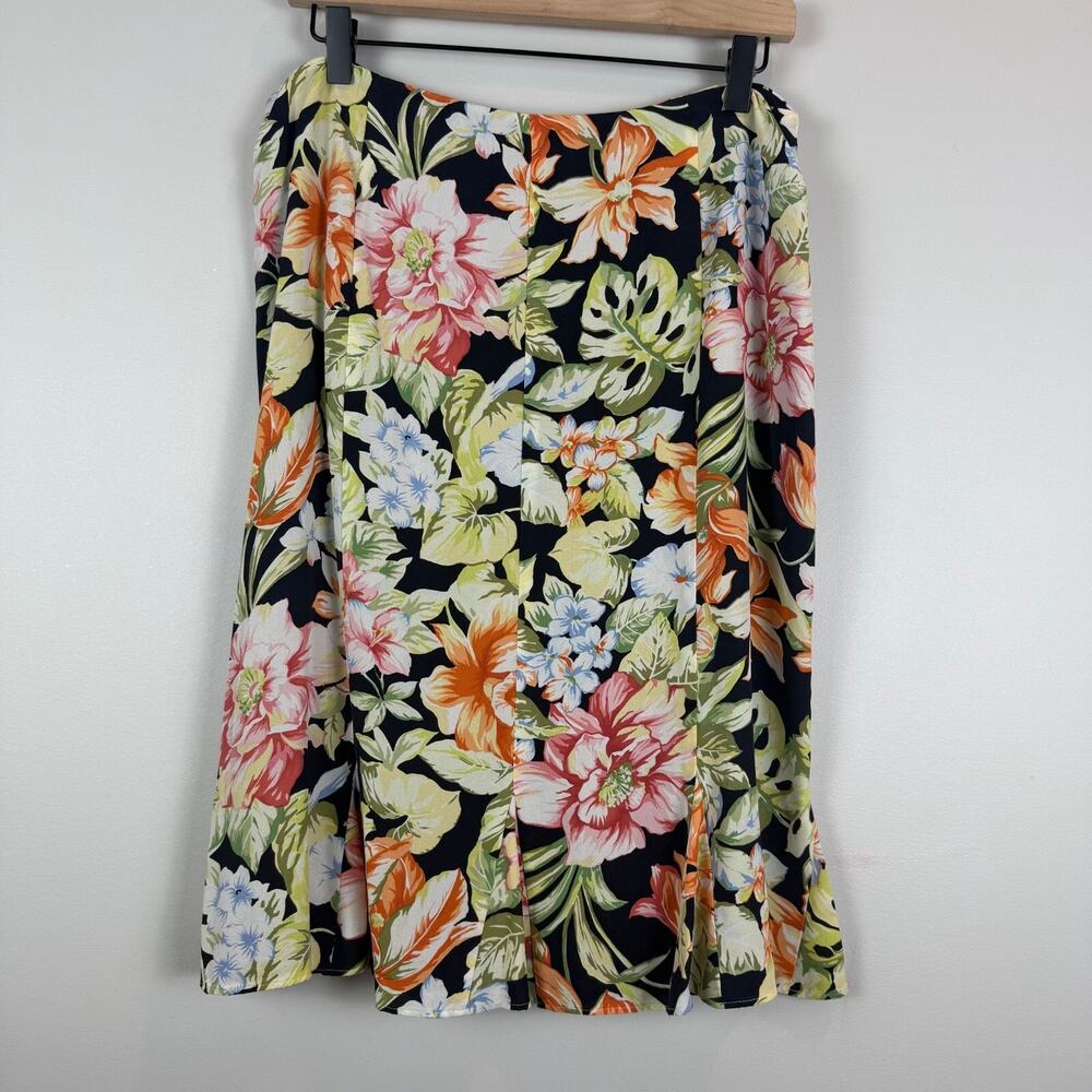 Vtg Talbots Midi Skirt Women 12 Multi Floral‎ 100% Silk Boho Tropical Colorful